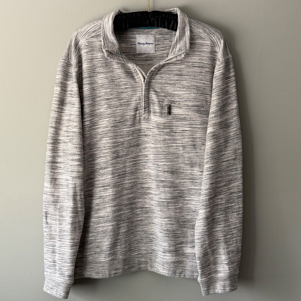 Tommy Bahama Quarter Zip Long Sleeve Pullover Men's Large Grey Space Dye Knit